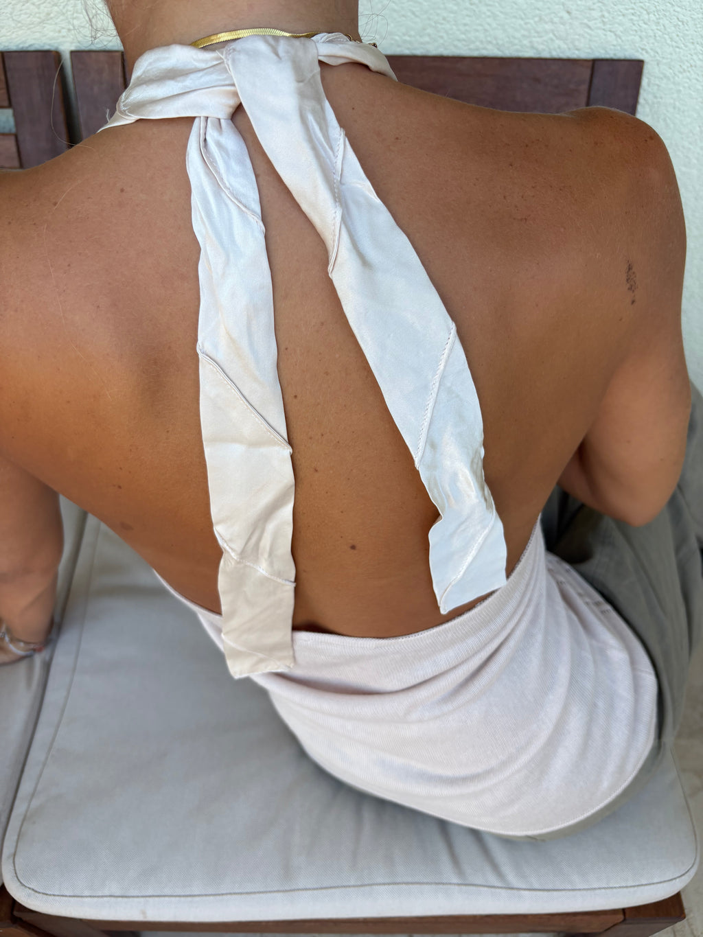 Silk pointelle knit halter top