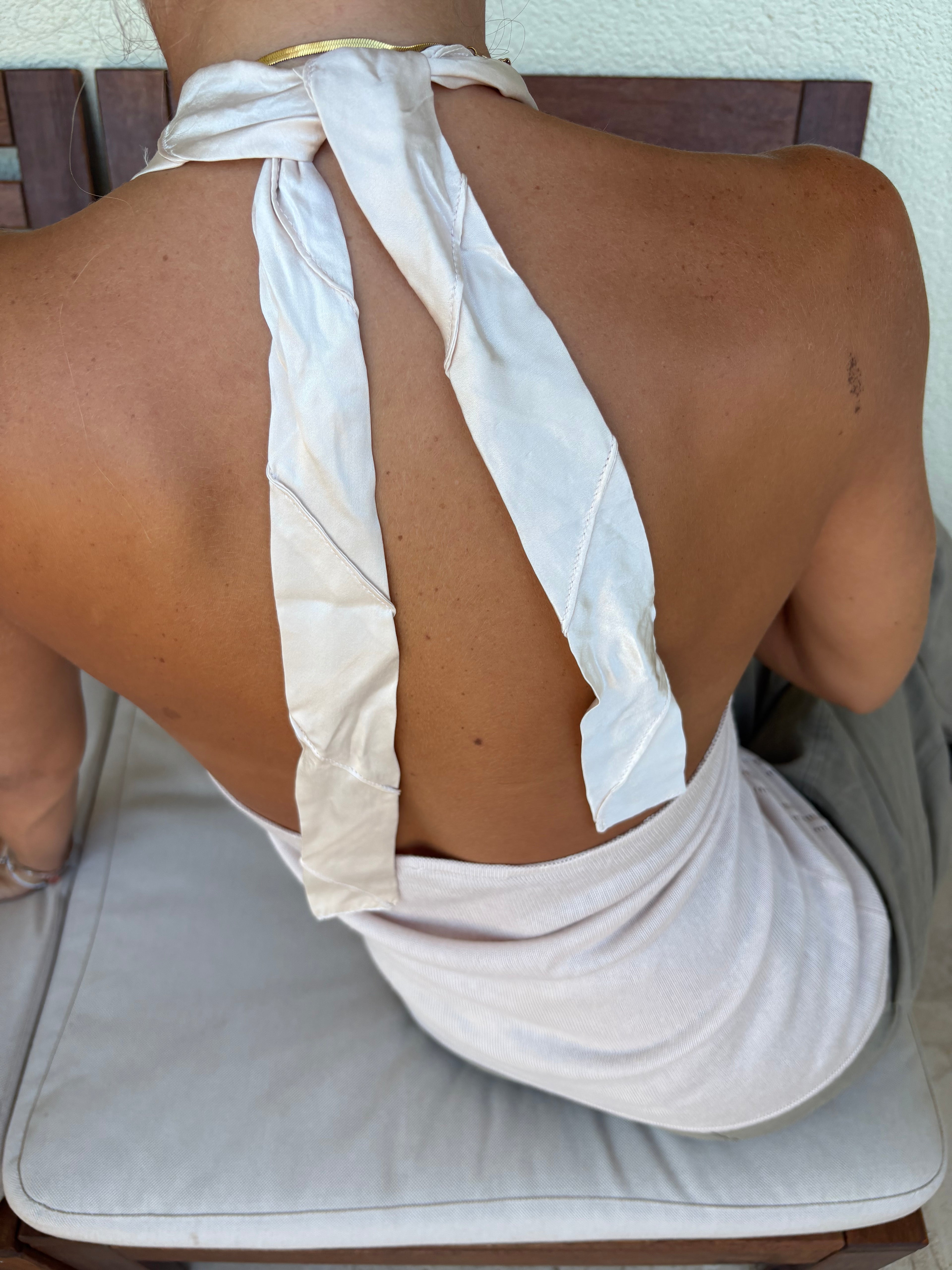 Silk pointelle knit halter top