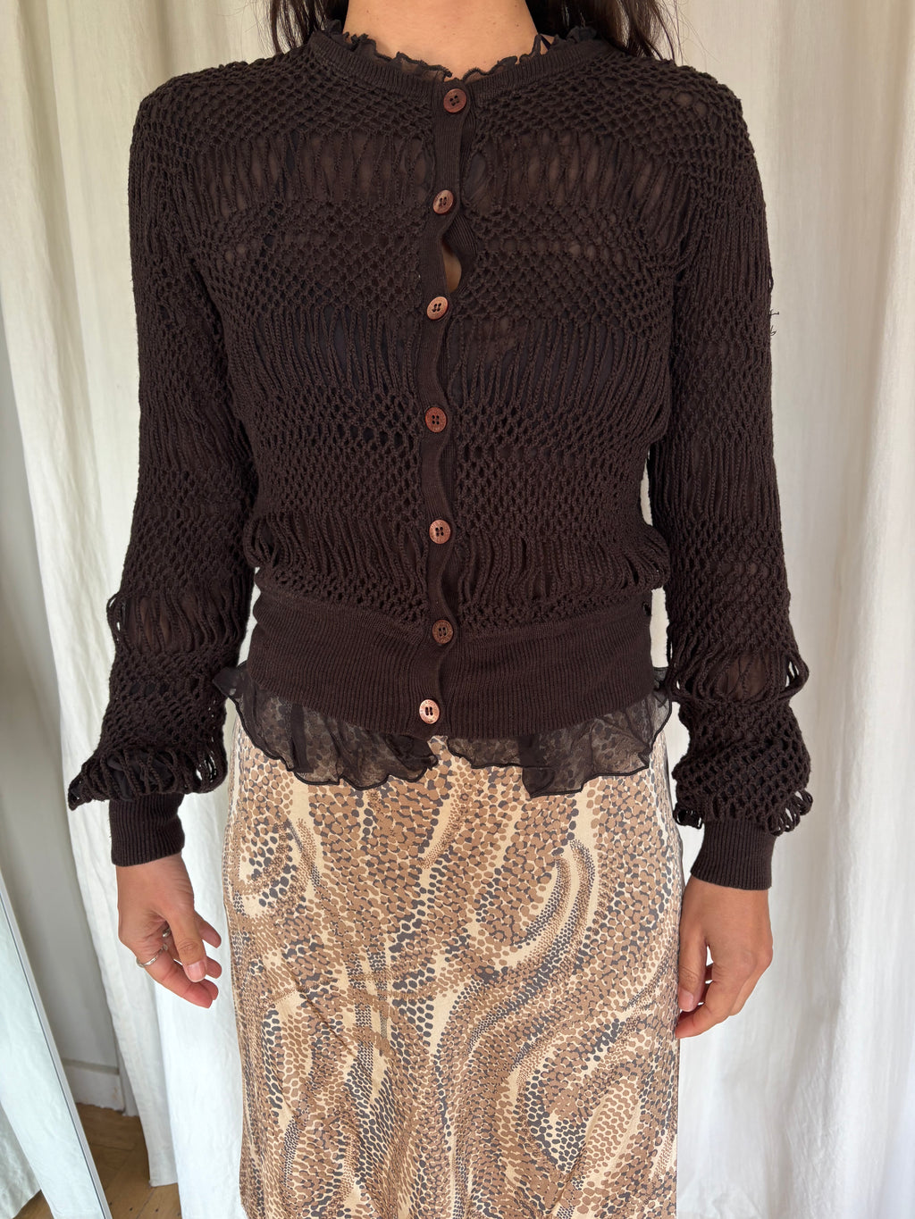 Chocolate crochet and silk cardigan jacket