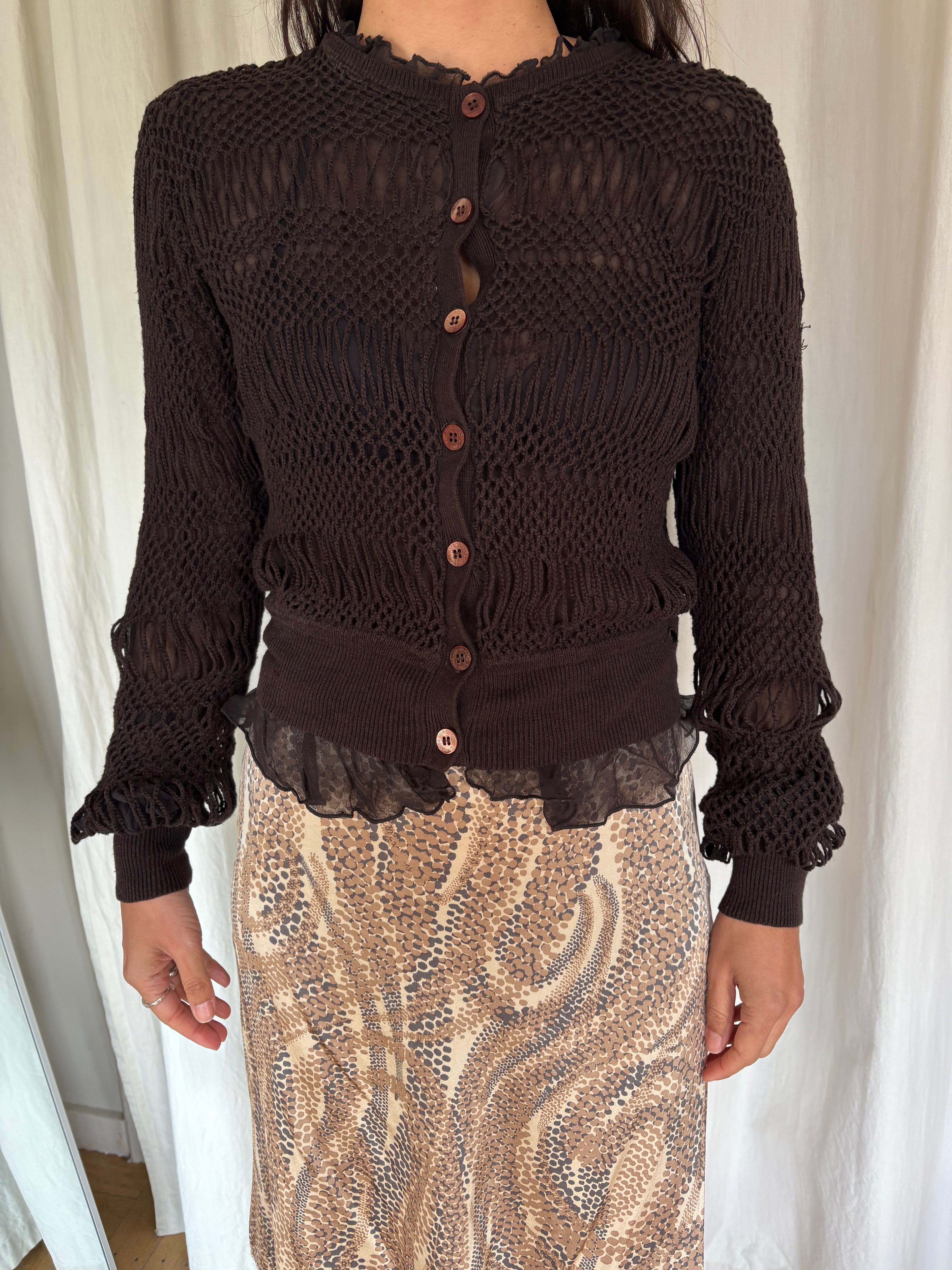Chocolate crochet and silk cardigan jacket