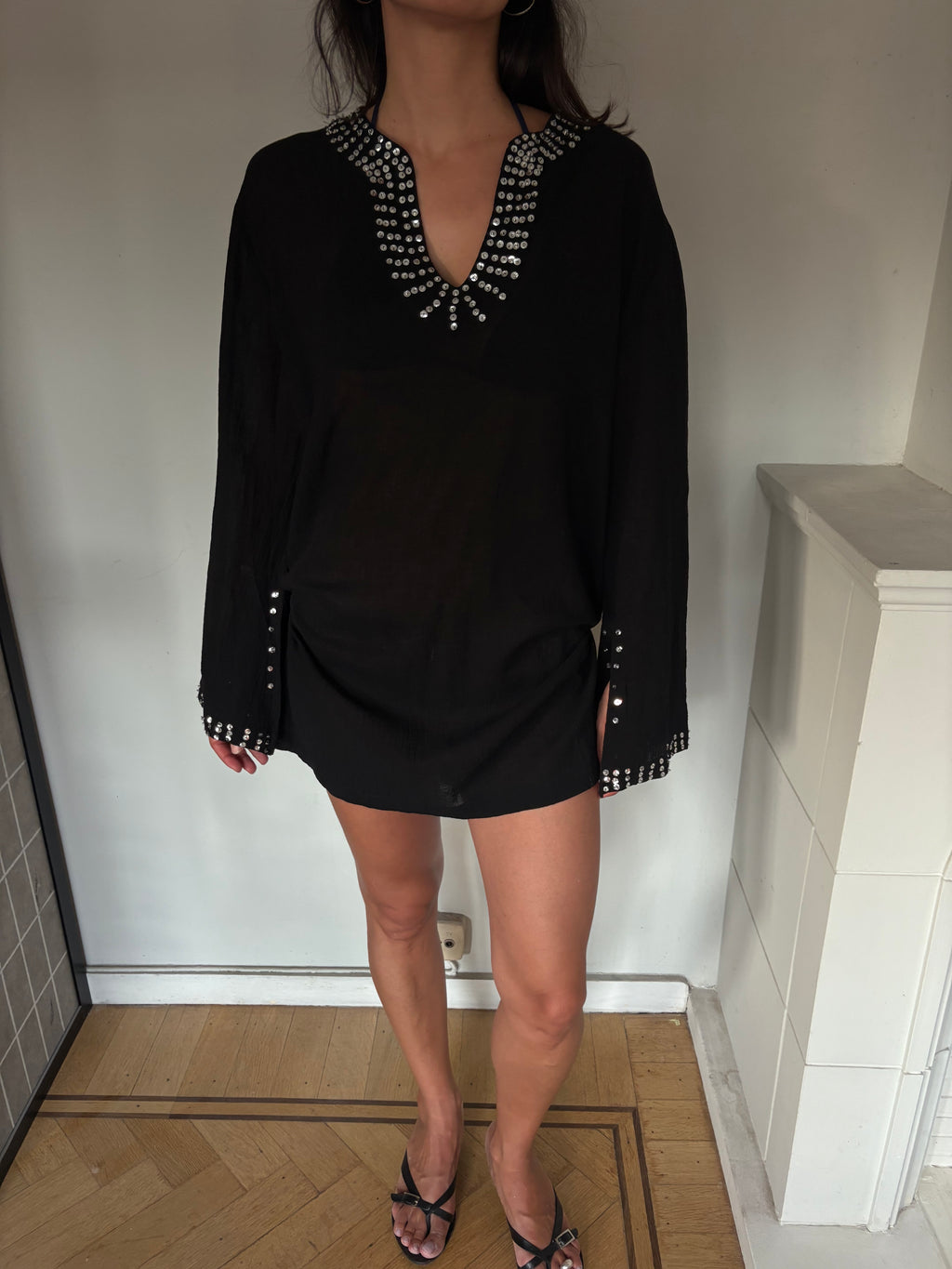 Black sequin tunic with bell sleeves