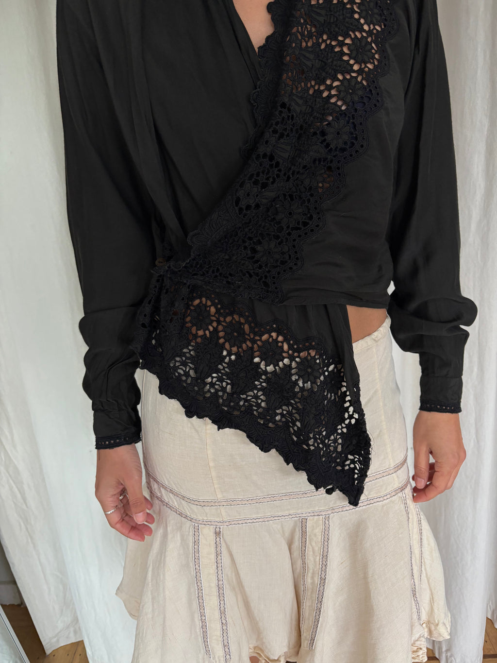 Vintage black silk blend lace blouse