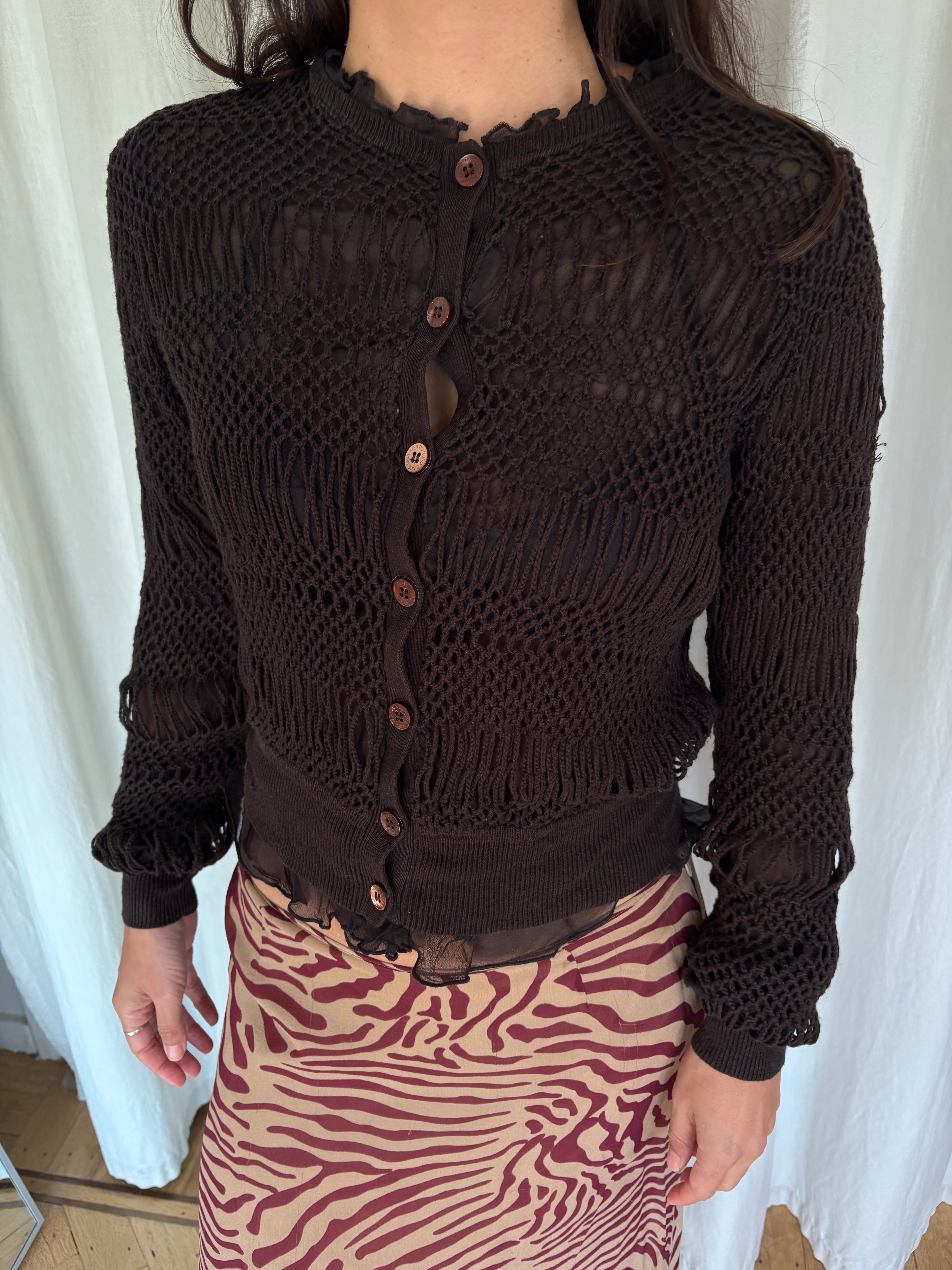 Chocolate crochet and silk cardigan jacket