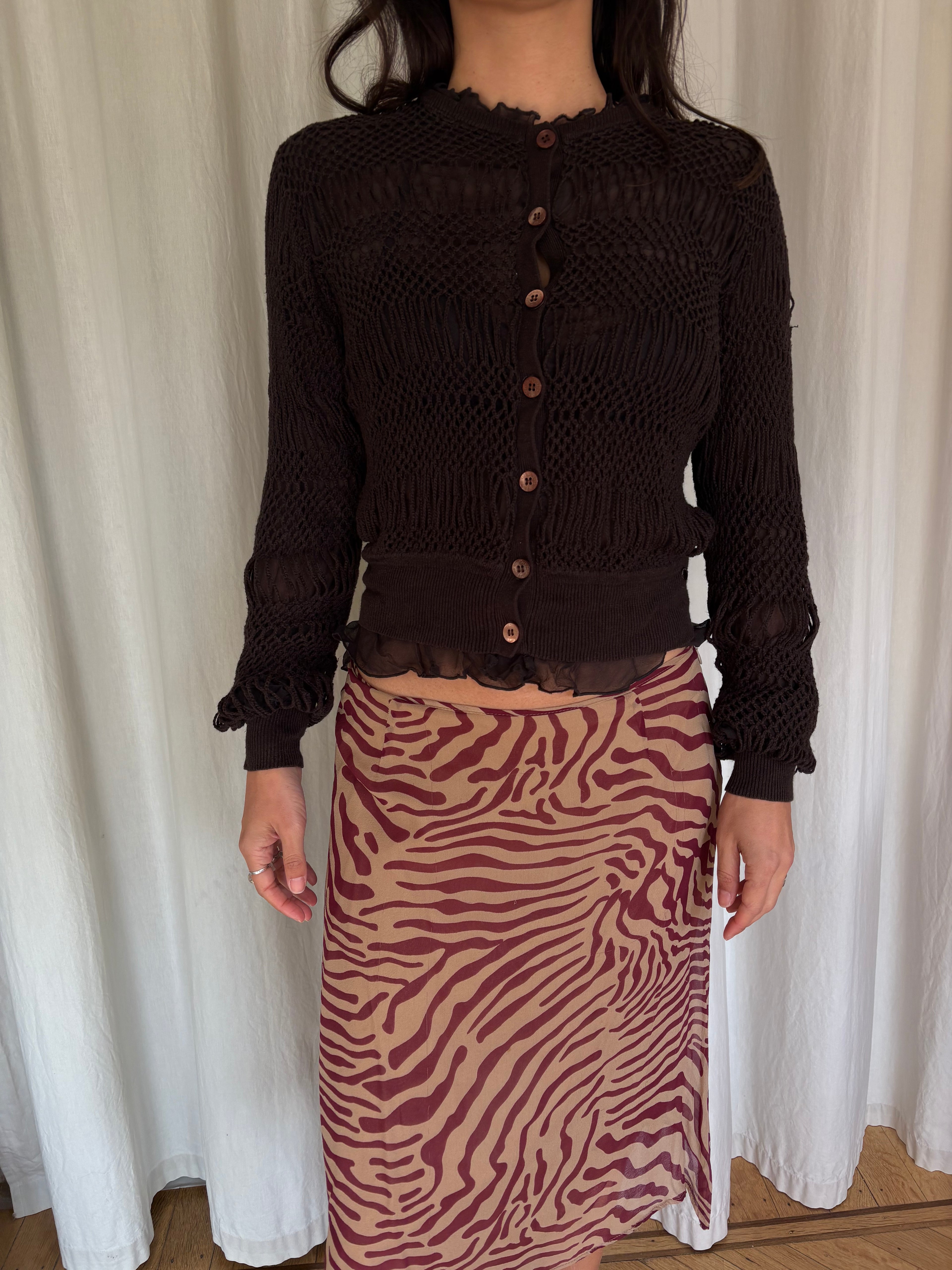 Chocolate crochet and silk cardigan jacket