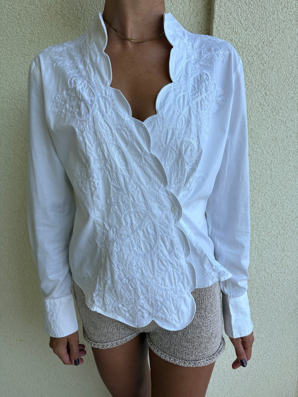 Embroided scalloped hem wrap blouse
