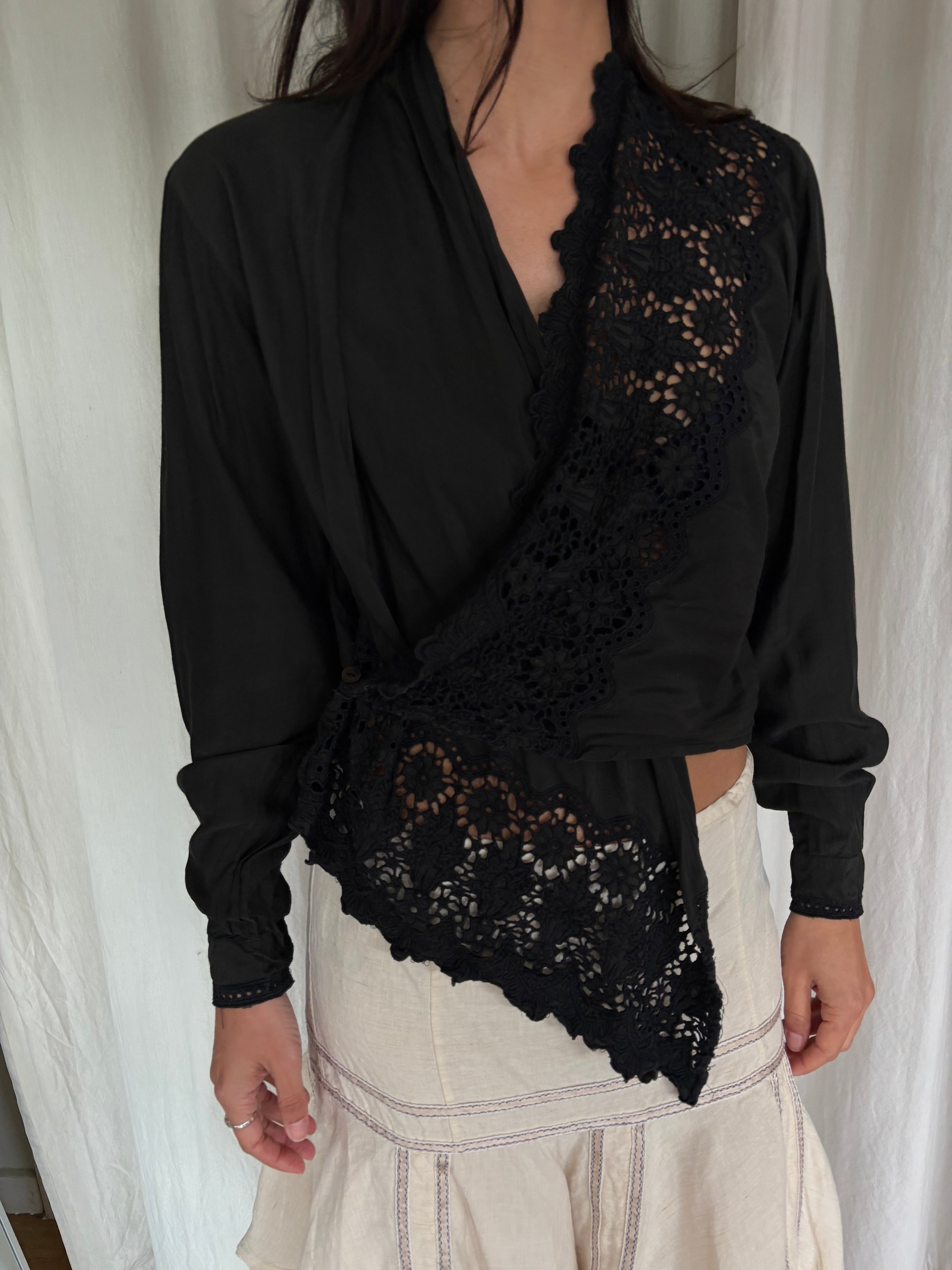 Vintage black silk blend lace blouse