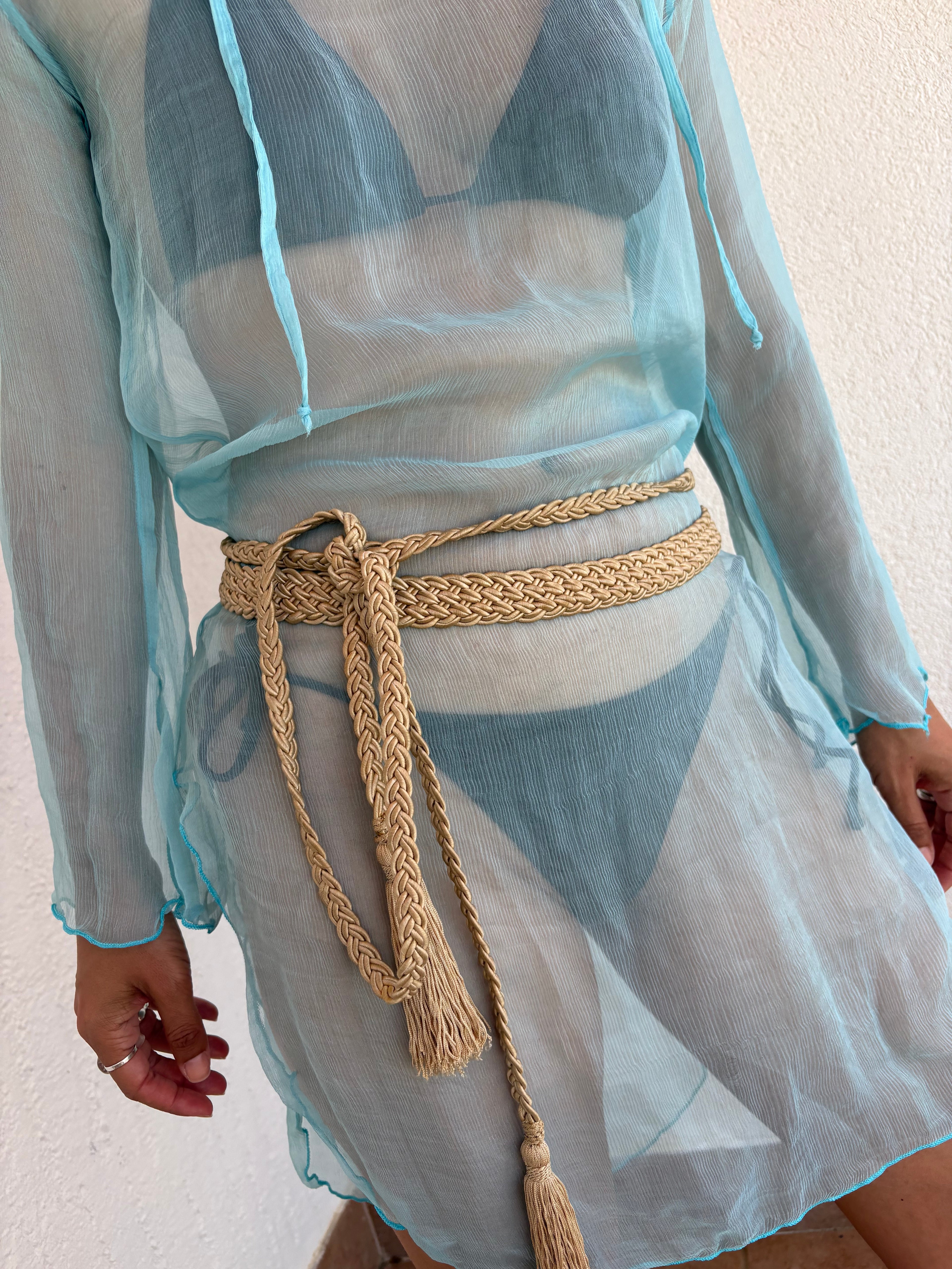 Beige tassel satin belt