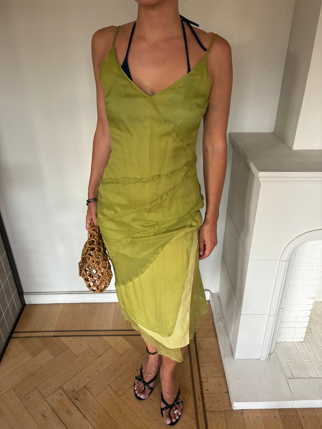 Lime green silk slip dress
