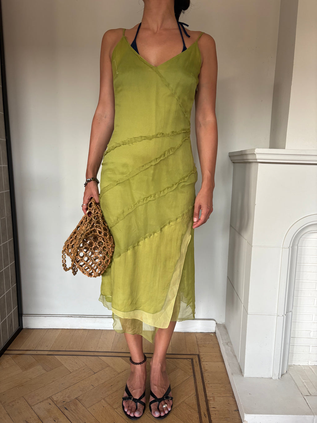 Lime green silk slip dress