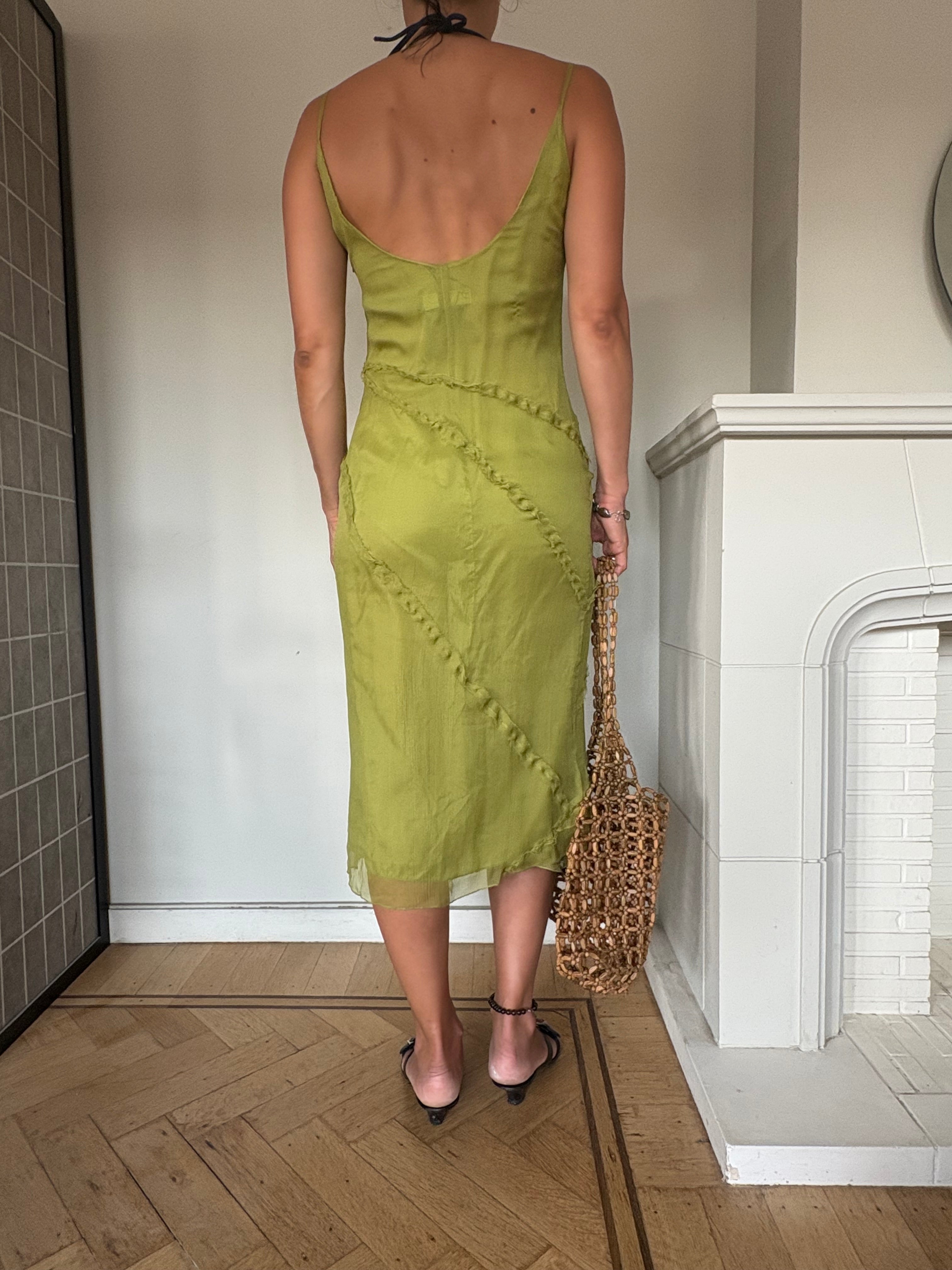 Lime green silk slip dress