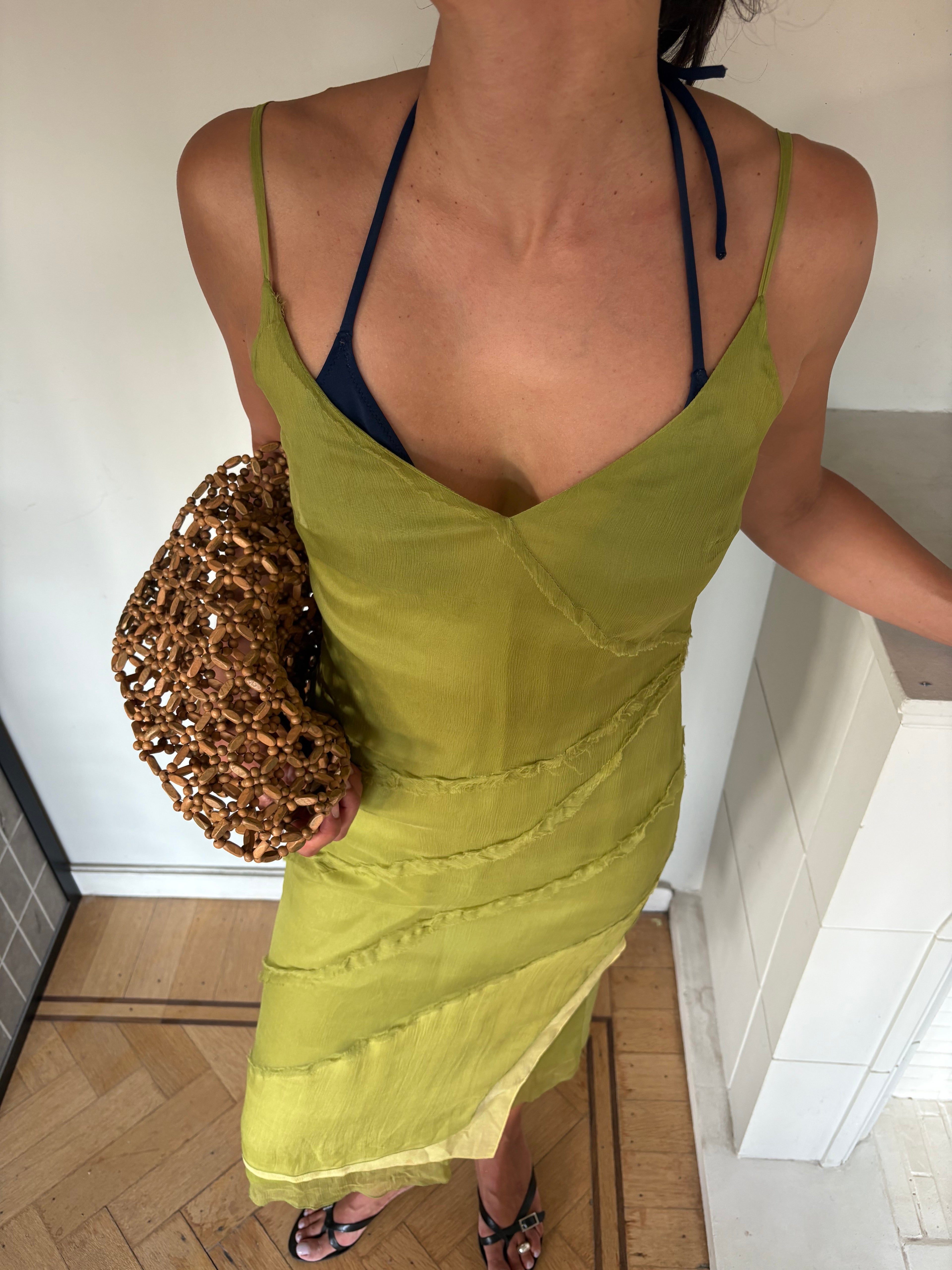 Lime green silk slip dress
