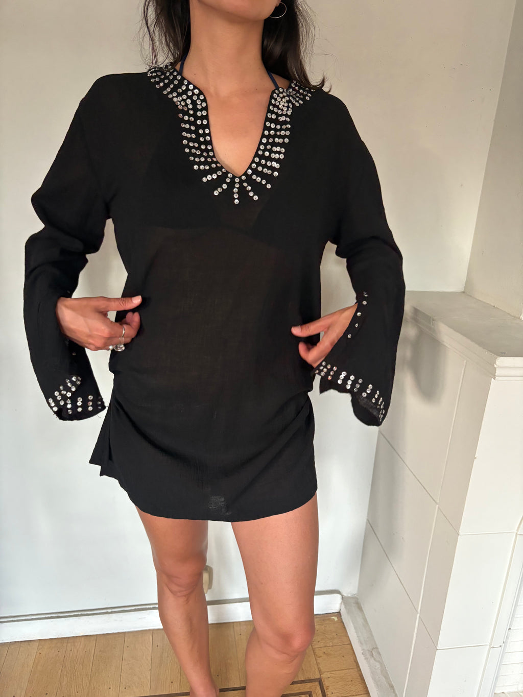 Black sequin tunic with bell sleeves